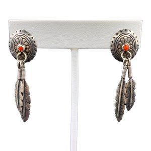Vtg Cast Sterling Silver Dream Catcher Earrings 925 Post Back Feather Red Southw